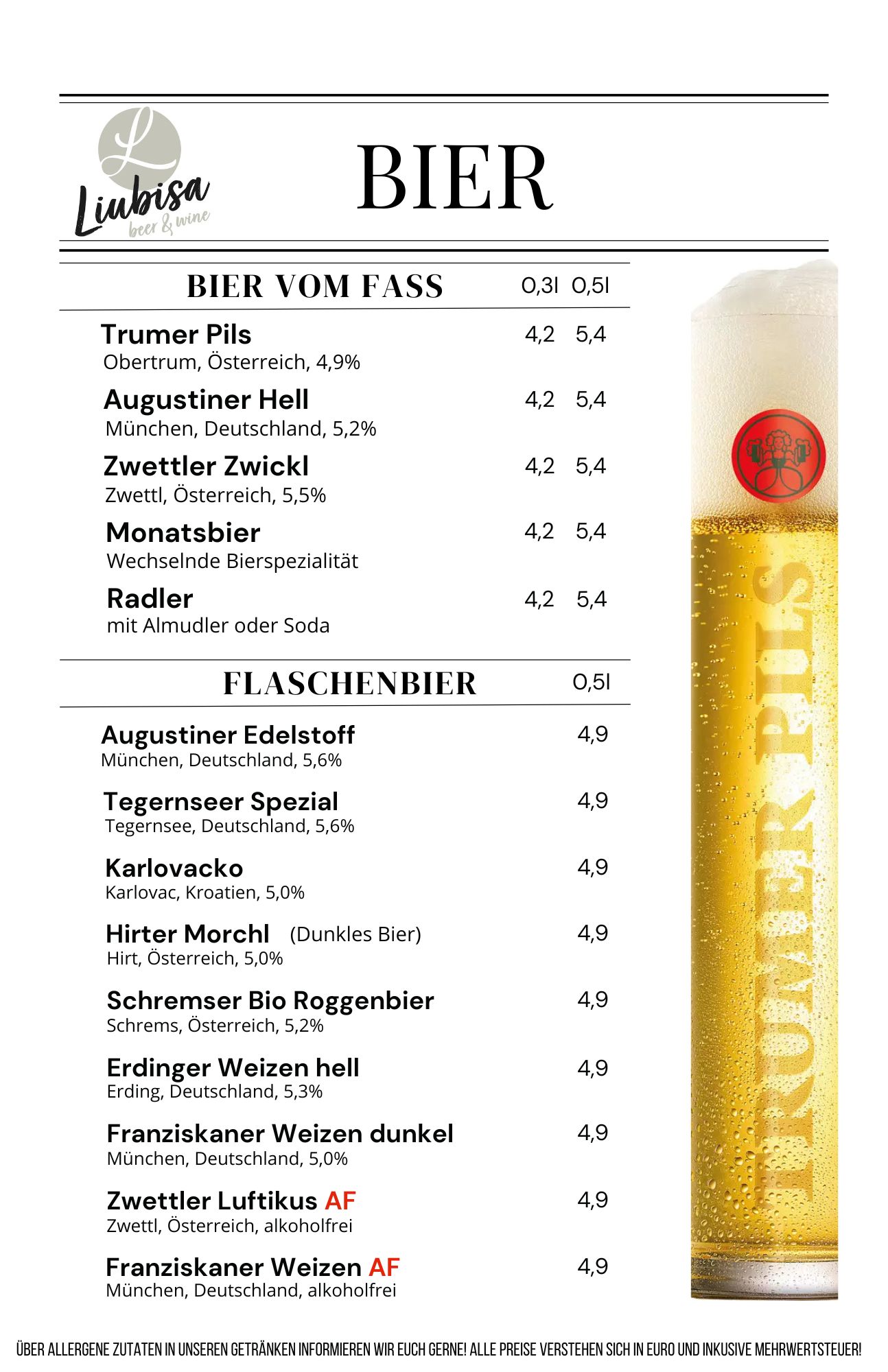 Liubisa Speisekarte 2026 Drink Sommer 1. Seite
